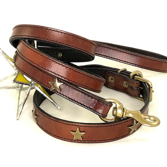 Brown Leather Collar & Leash with Stars, 17"-22"