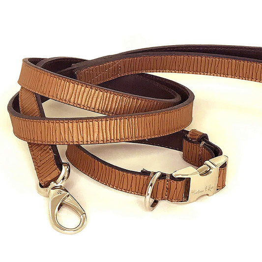 Brown Embossed Leather Collar & Leash 9"-12"